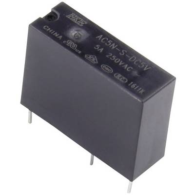 'Black relay with the inscription AC5N-S-DC5V, 5A 250VAC. Three pins protrude.'