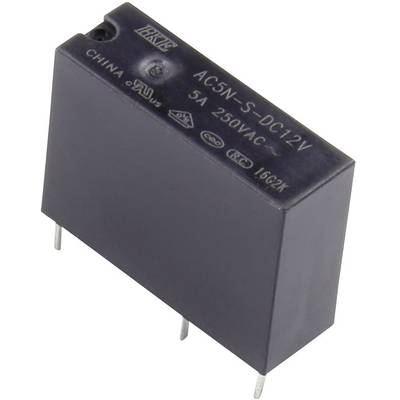 A black relay with labelling 'AC5N-S-DC12V', '5A 250VAC'. Two metal loops protrude. Used in electronic circuits.