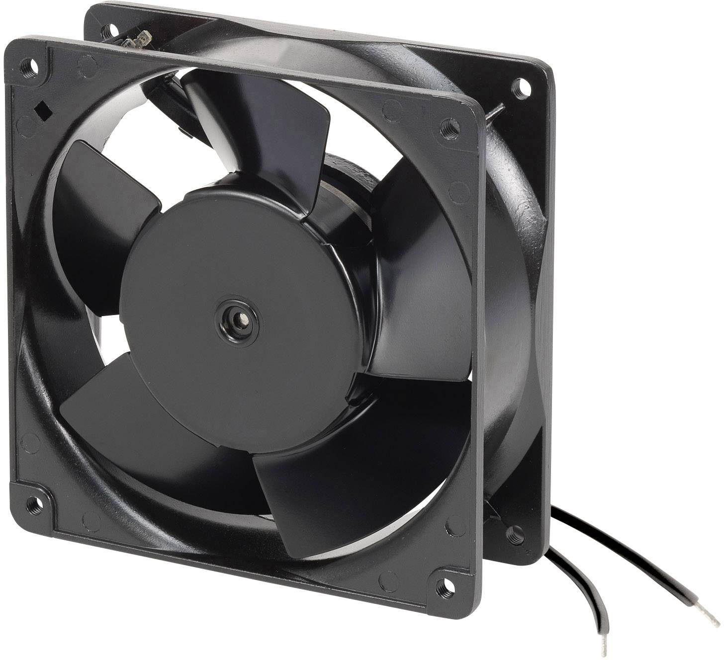 A black cooling fan with four blades and two cables, used in electronic devices for heat dissipation.