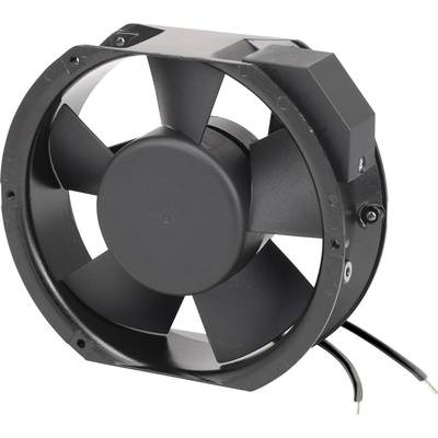 Black ventilator in a circular design with five blades and two cables, suitable for cooling or ventilation applications.