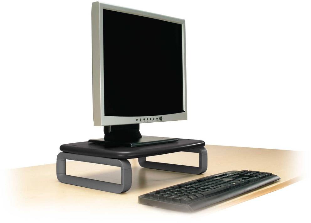 A computer monitor on an adjustable-height stand, with a keyboard beside it on a desk.