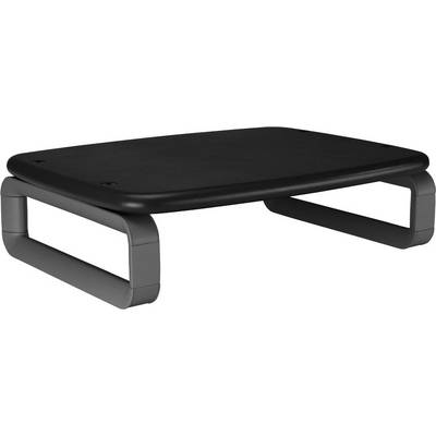Black monitor stand with curved, grey legs. Raises the monitor for improved ergonomics. Minimalist design.
