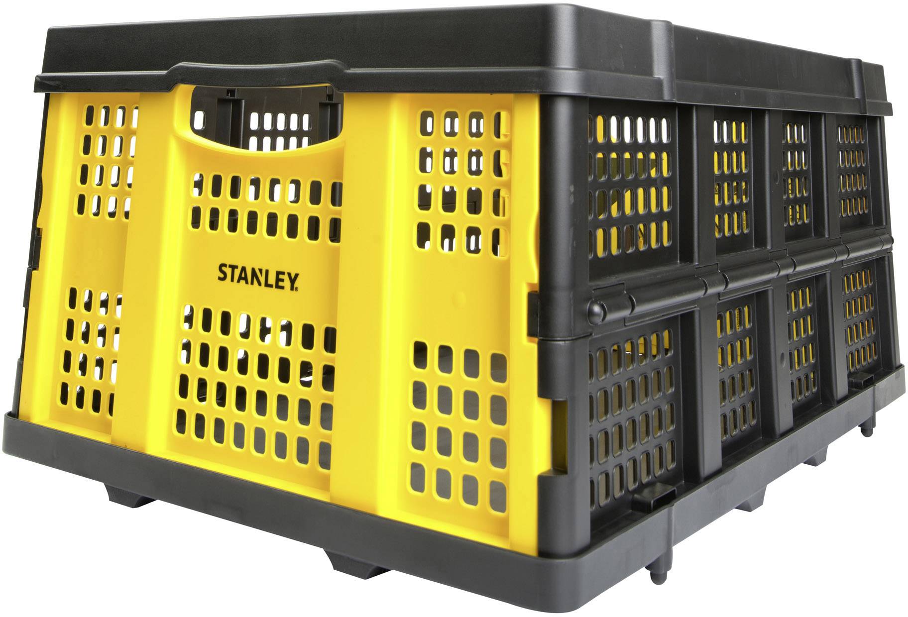 Yellow and black plastic storage box by Stanley with ventilated design, ideal for transporting and storing items.