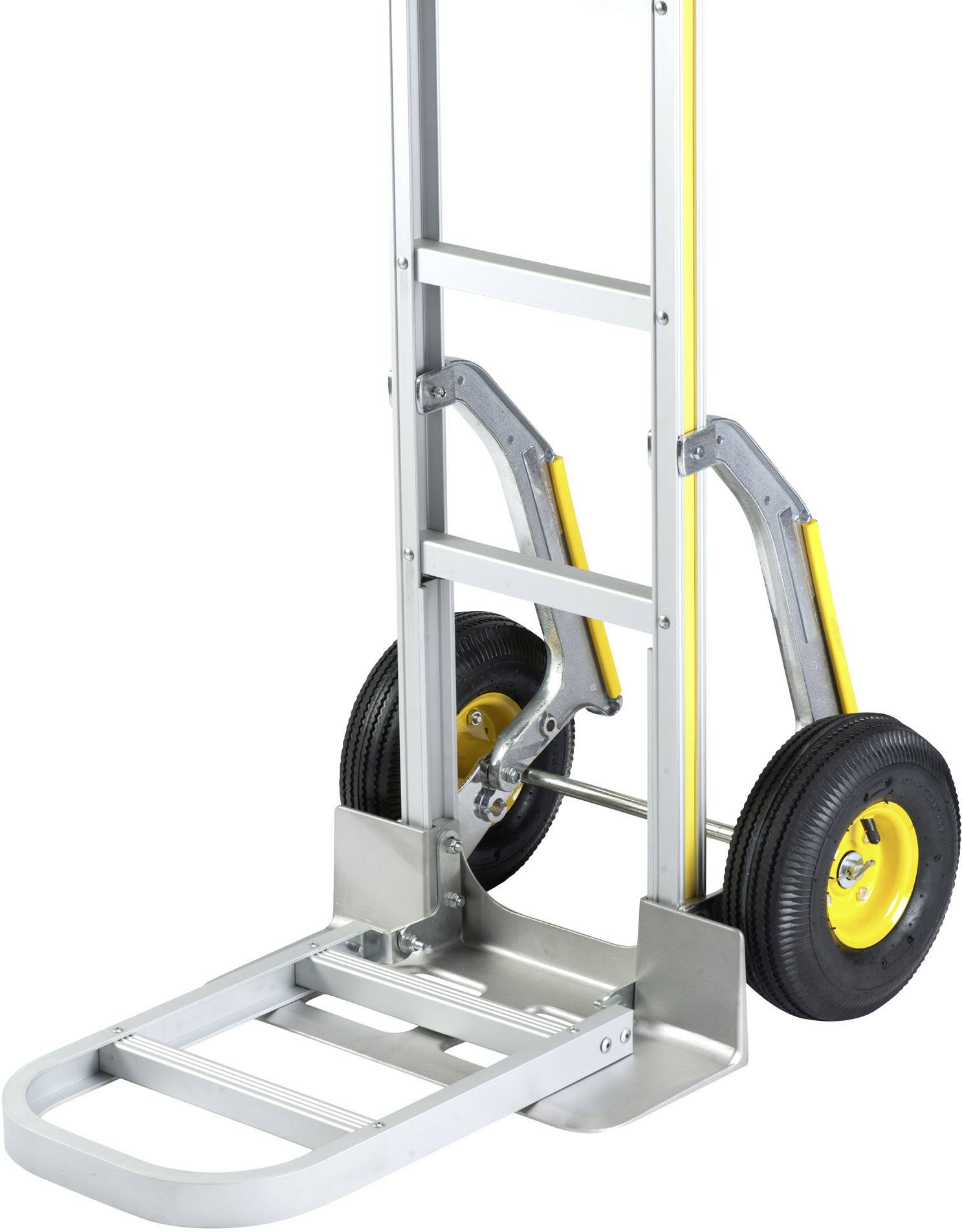 Two-wheeled hand trolley made of metal with yellow accents. Primarily used for transporting heavy items.