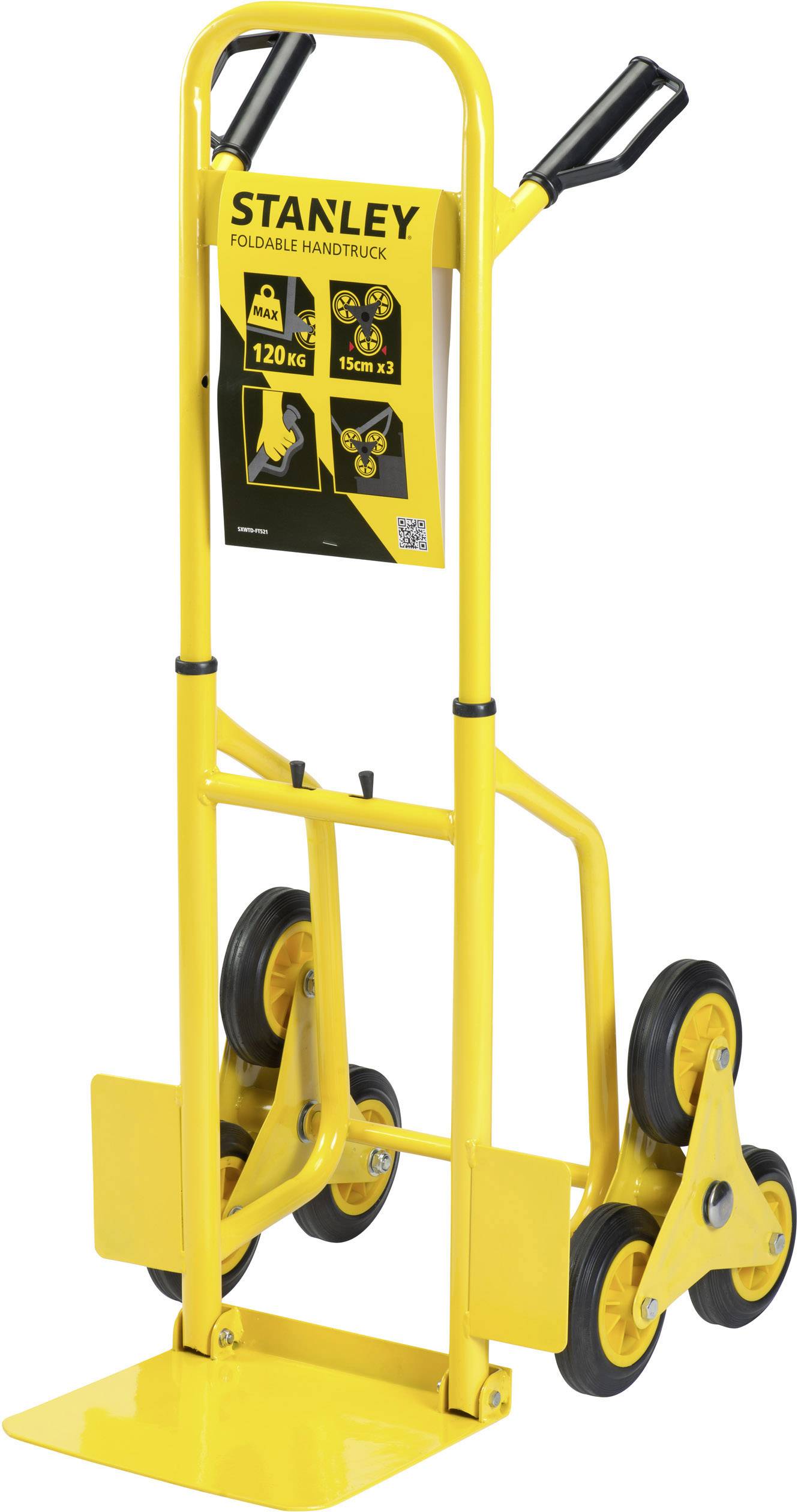 Yellow, folding hand cart by Stanley with three wheels on each side and a maximum load capacity of 120 kg.<br><br>Note: The translation is in British English and maintains the original meaning and structure of the text.