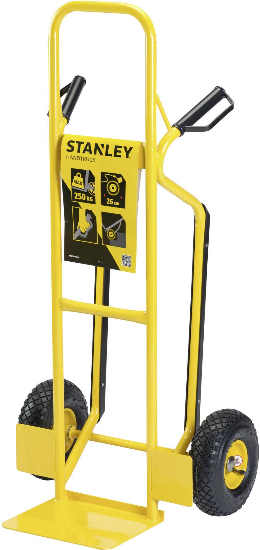 Yellow hand trolley with black handles and wheels, brand name 'STANLEY' on the front label. Maximum load capacity 350 kg.