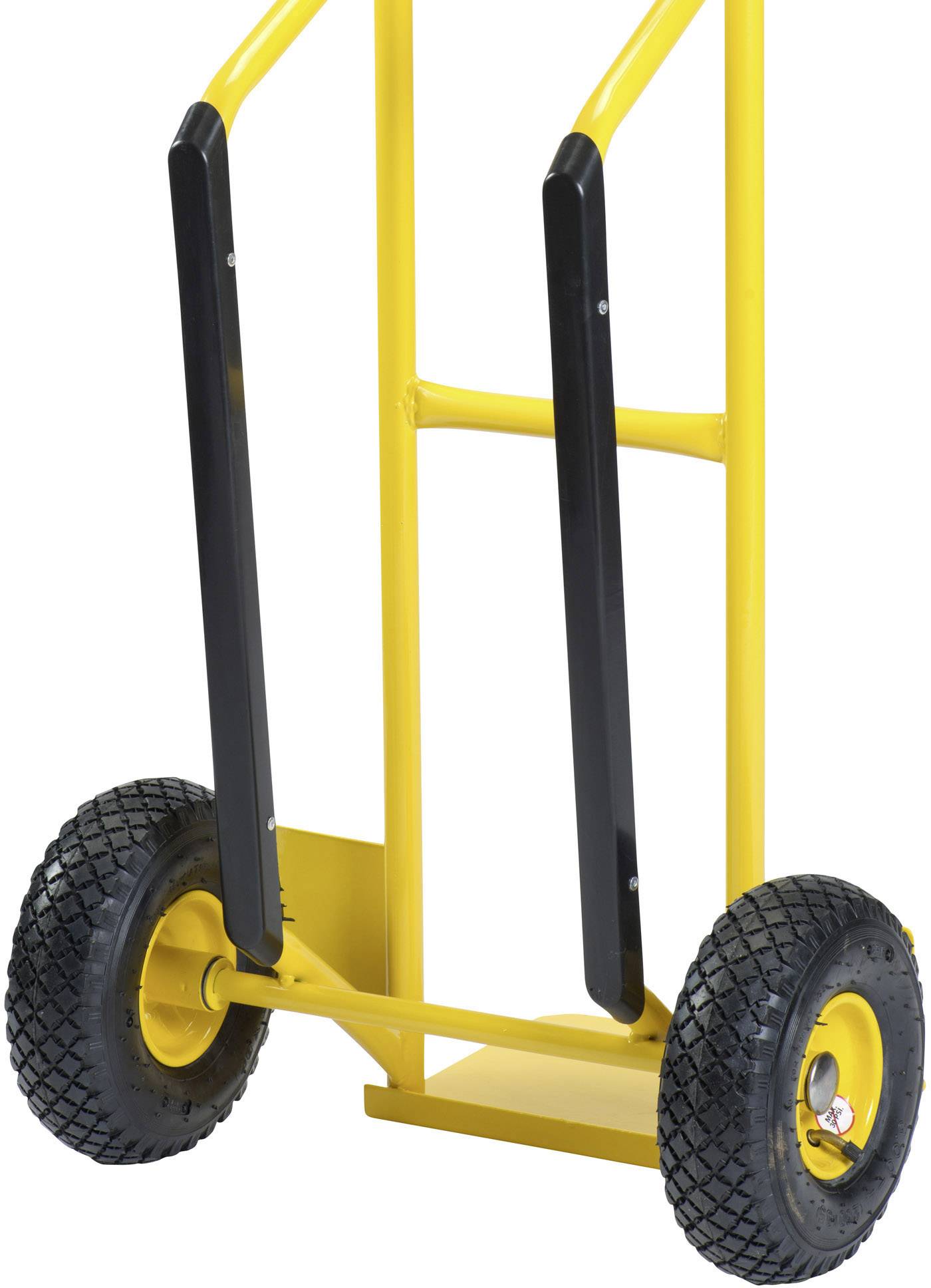 Yellow, two-wheeled trolley with black handles and robust tyres on a white background.