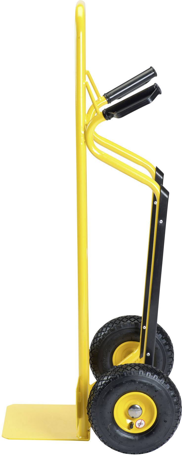 Yellow wheelbarrow with black handles and wheels, standing upright. Suitable for transporting heavy items.