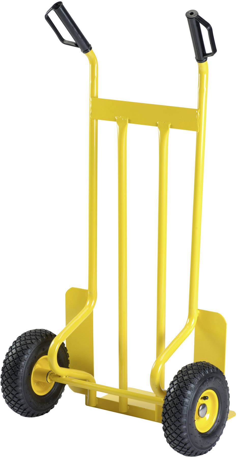Yellow transport trolley with two black handles and large wheels, suitable for moving heavy loads in a warehouse or workshop.
