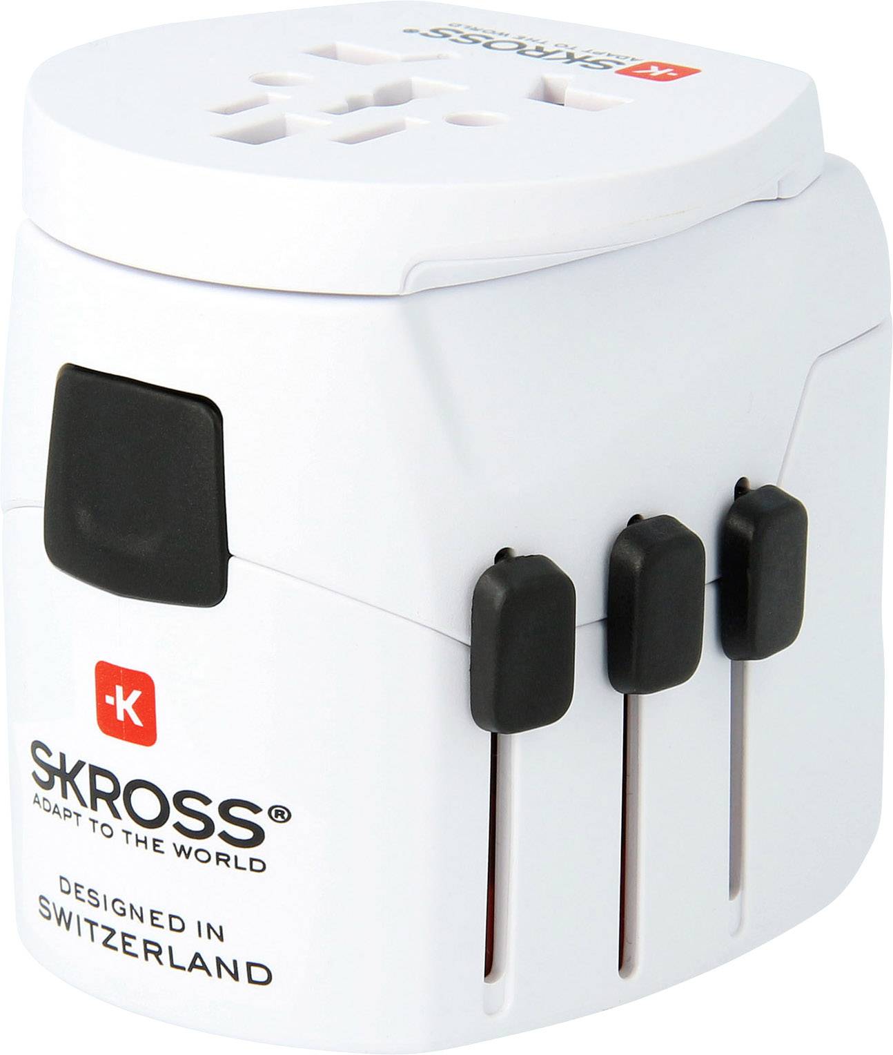 A white universal travel plug adapter by SKROSS, suitable for various international power sockets, with sliding adjustment levers.
