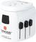 A white universal travel plug adapter by SKROSS, suitable for various international power sockets, with sliding adjustment levers.
