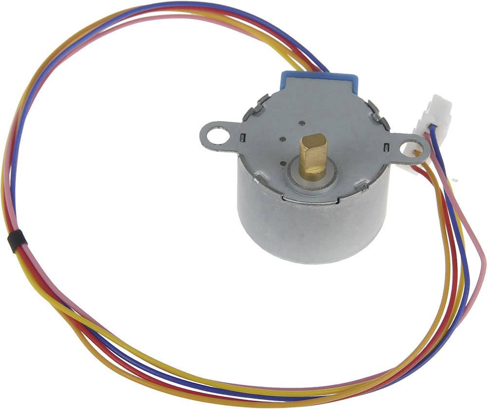 A small stepper motor with colourful cables for electronic applications.
