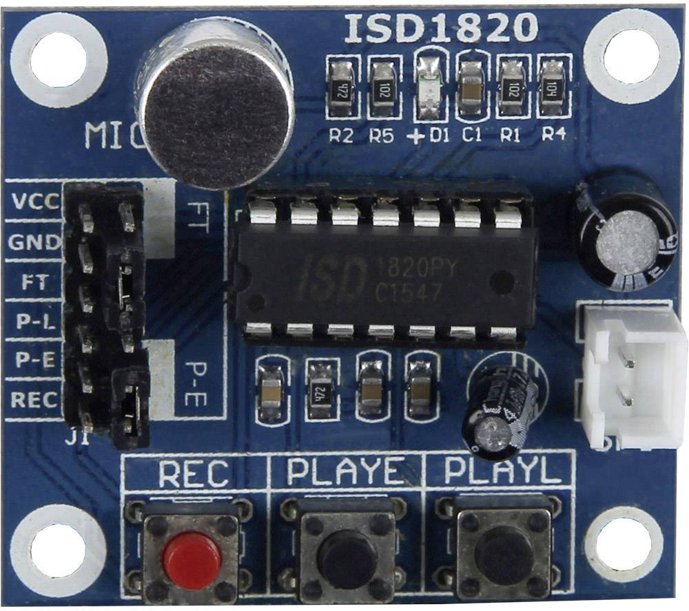 Electronic module with microphone, ISD1820 chip, three buttons ('REC', 'PLAY', 'PLAY L') and several connection terminals.