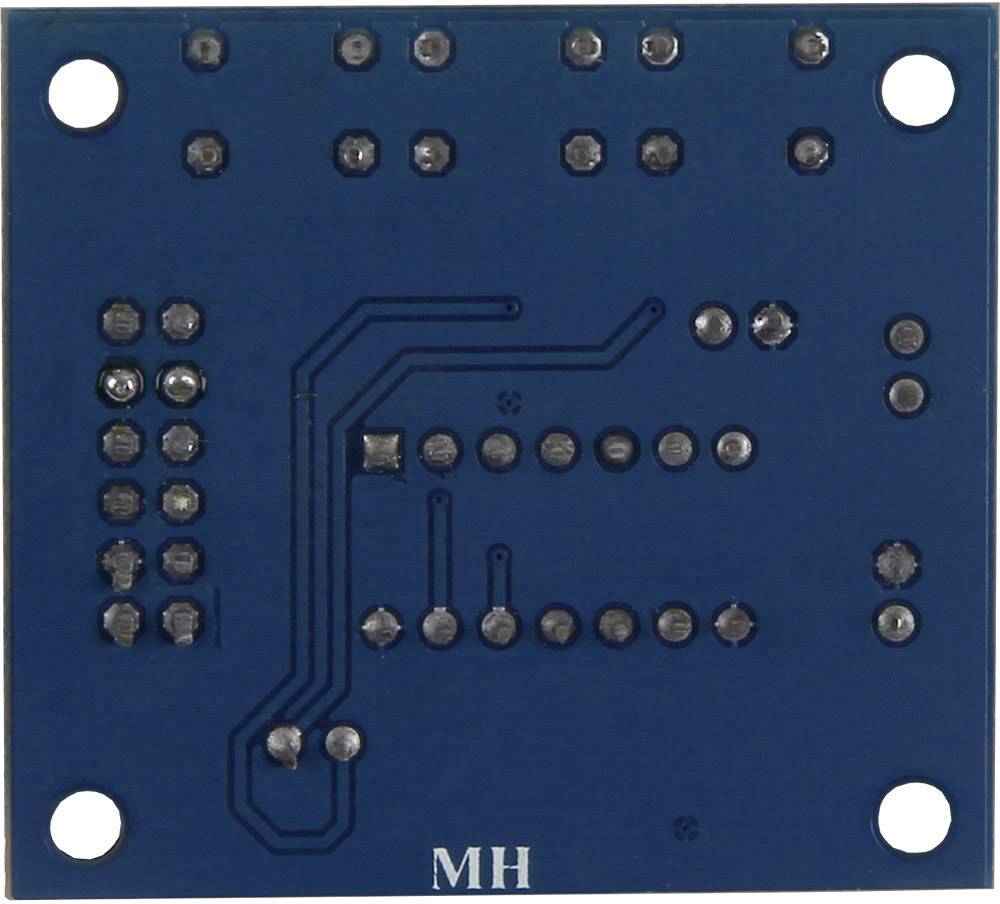'Reverse side of a blue printed circuit board with visible solder points and circuit traces, square with rounded corners.'