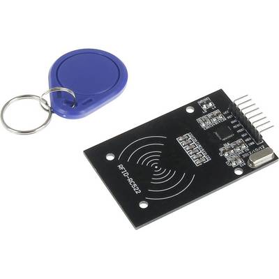 An RFID reader with a blue RFID card. The reader has pins for electronic connections and is designed for identifying objects or individuals.