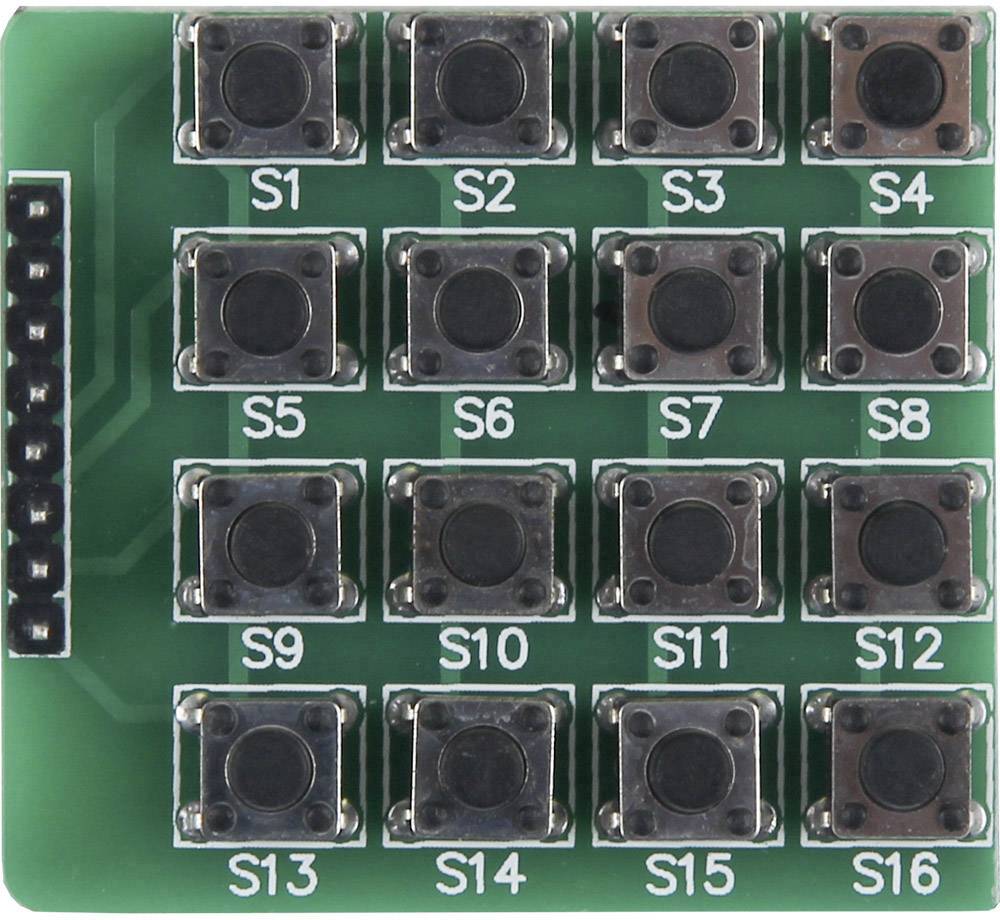 'Green printed circuit board with 16 black keys, arranged in 4 rows. Each key is labelled from S1 to S16.'