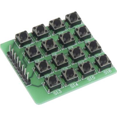 A green printed circuit board with 16 black keys arranged in four rows. Connection pins are located on the left side.