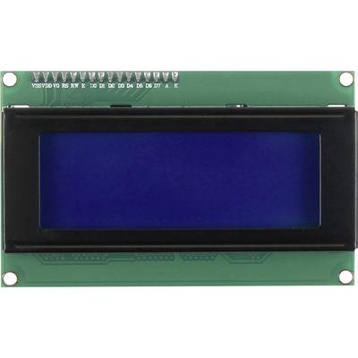 An LCD display module with a blue display and 16 pins at the top, for example for electronic projects and microcontroller applications.