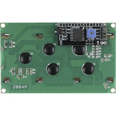 Electronic circuit board with a black module in the top right, which reads 'LCM1602'. Contains multiple contacts and components on a green background.