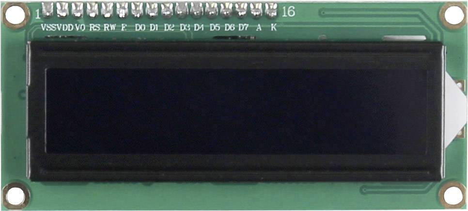 A LCD display module with a two-line display and several contacts at the top for electrical connection.
