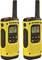 Two yellow walkie-talkies with a digital display showing channel 4. Both have identical control buttons and aerials.