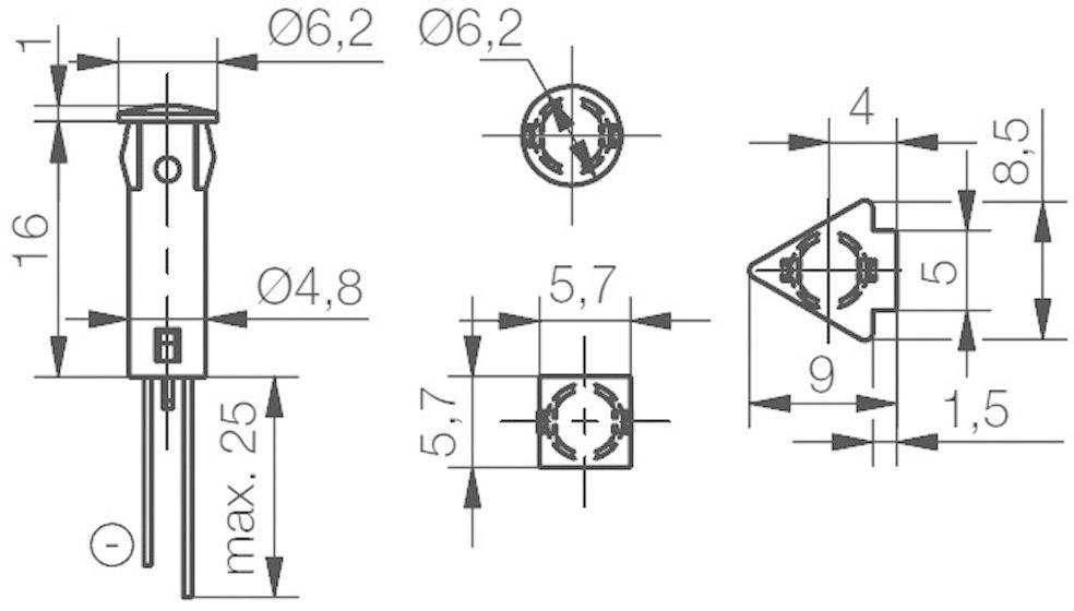 Technical drawing of an electrical component with dimensions in millimetres. Shows front, side, and top view of the component.