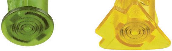 A green circle and a yellow triangle, both with concentric circles on their surface, side by side on a white background.