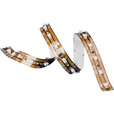 Flexible LED strip, curved in an S-shape. Contains closely positioned LED chips on a brown PCB, ready for installation.