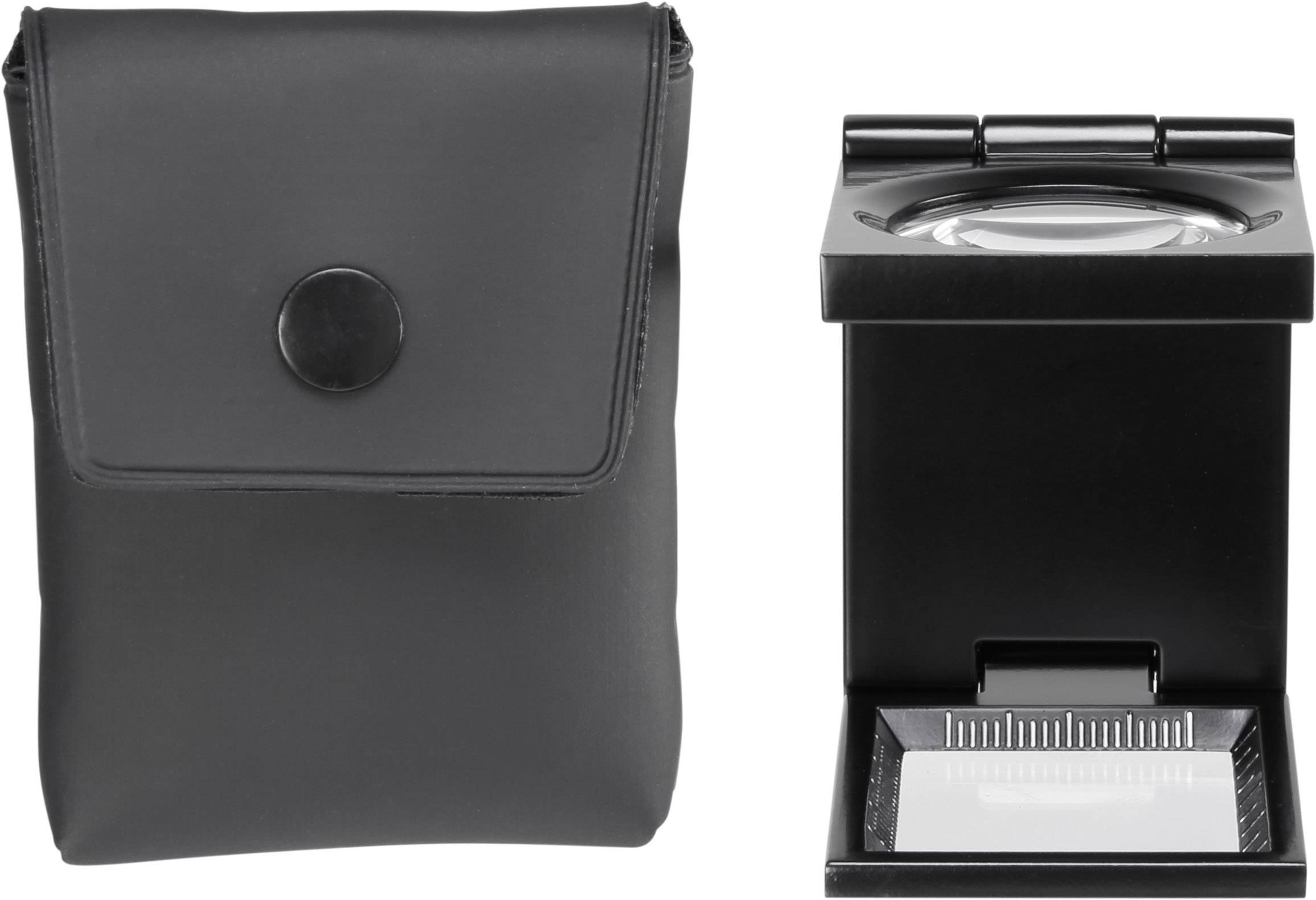 'Black bag with press stud, alongside a folding magnifying glass with scales.'