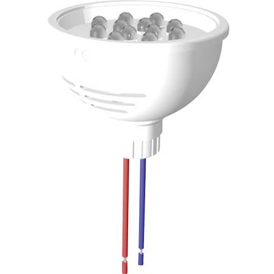 LED light source with twelve small lenses on the top surface and two coloured connections (red and blue) on the bottom surface.