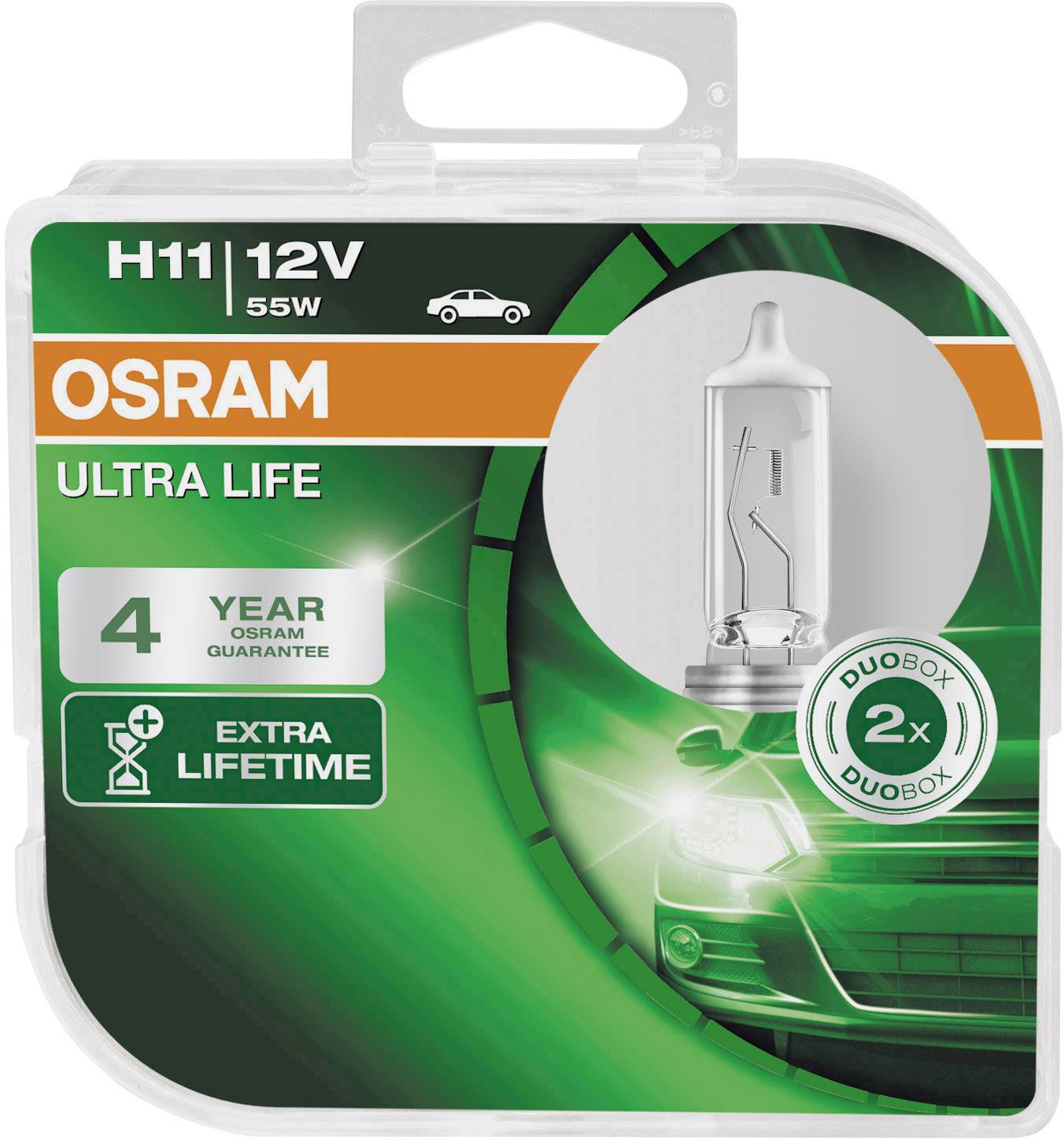 Packaging for an OSRAM H11 12V 55W Ultra Life Car Bulb, promising 4 years' warranty and double lifespan, with green design.