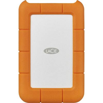 External hard drive with an orange protective casing and white front panel, with the brand name 'LaCie' visible in the centre.