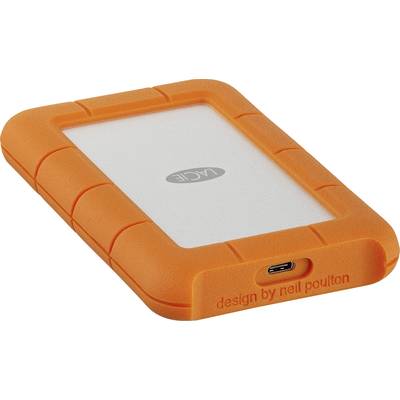 An orange external hard drive by LaCie with a USB connection. Designed by Neil Poulton.