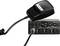 CB radio with microphone and channel display showing '40'. The device has rotary knobs for volume, squelch, and RF gain.