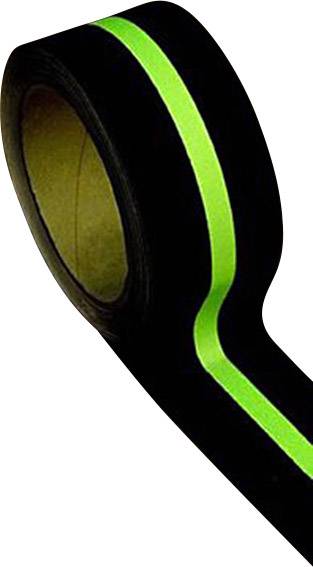 Black adhesive tape with a wide, fluorescent green stripe in the middle, rolled up and ready for use.