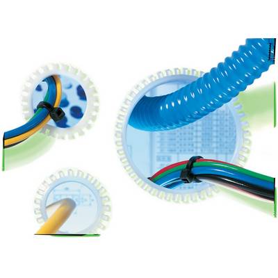 Colour image of electrical cables and tubes in various colours, running through circular openings, set against a white background.