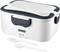 A white electric lunch box container by Unold with dark accents, featuring an integrated cutlery compartment, fork and spoon included.