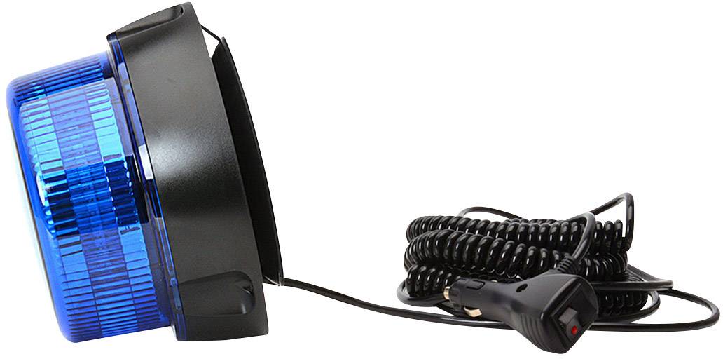 Blue emergency light with black mounting bracket and spiral power cord for cigarette lighter. Used in emergency vehicle operations.