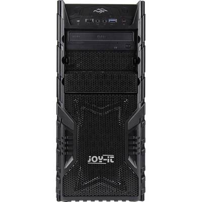 Black computer case with ventilation grilles and multiple ports on the top. 'Joy-it' brand on the front.