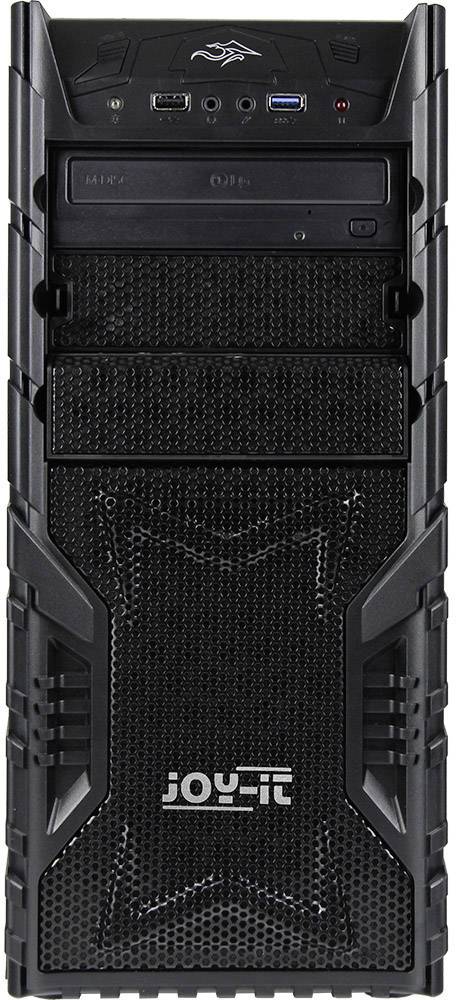 A black computer case with multiple USB ports and a CD drive on the front. The case is labelled 'JOY-iT'.