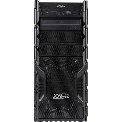 A black computer case with multiple USB ports and a CD drive on the front. The case is labelled 'JOY-iT'.