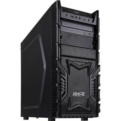 A black computer case with multiple ventilation grilles and USB ports on the front.