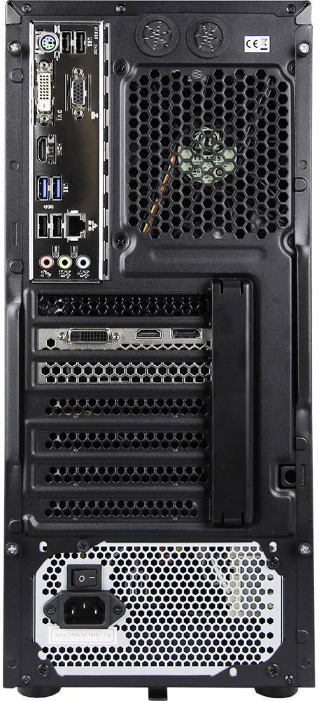 Back of a desktop computer with multiple ports such as USB, HDMI, and DVI. Ventilation fan at the top and power socket at the bottom.