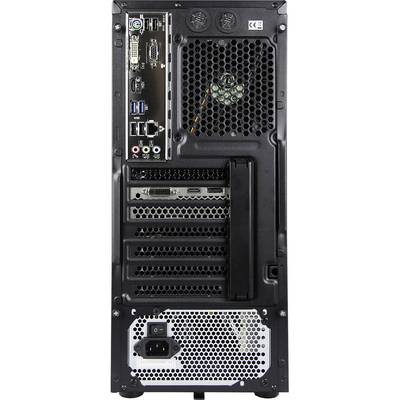 Back of a desktop computer with multiple ports such as USB, HDMI, and DVI. Ventilation fan at the top and power socket at the bottom.