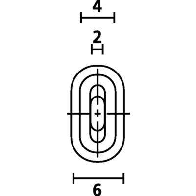 'Mechanical drawing of a skull with dimensions: Height 4, Width 6, Internal diameter 2. Shows cross lines and centre point.'