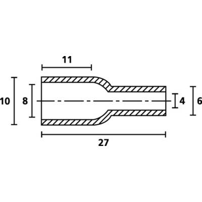Cross-section drawing of a cylindrical object with dimensions: length 27, width 10, inner width 8, and front diameter 6.