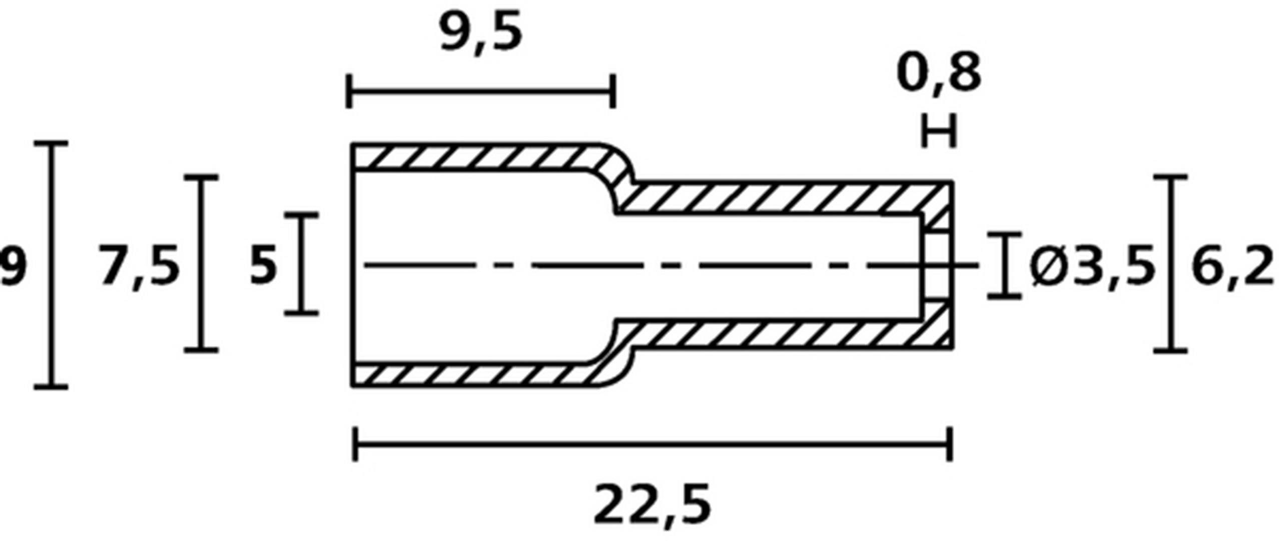 Technical drawing of a cylindrical object with dimensions: Total length 22.5, diameter 3.5, other relevant dimensions 9, 7.5, 5, 6.2 and 0.8.