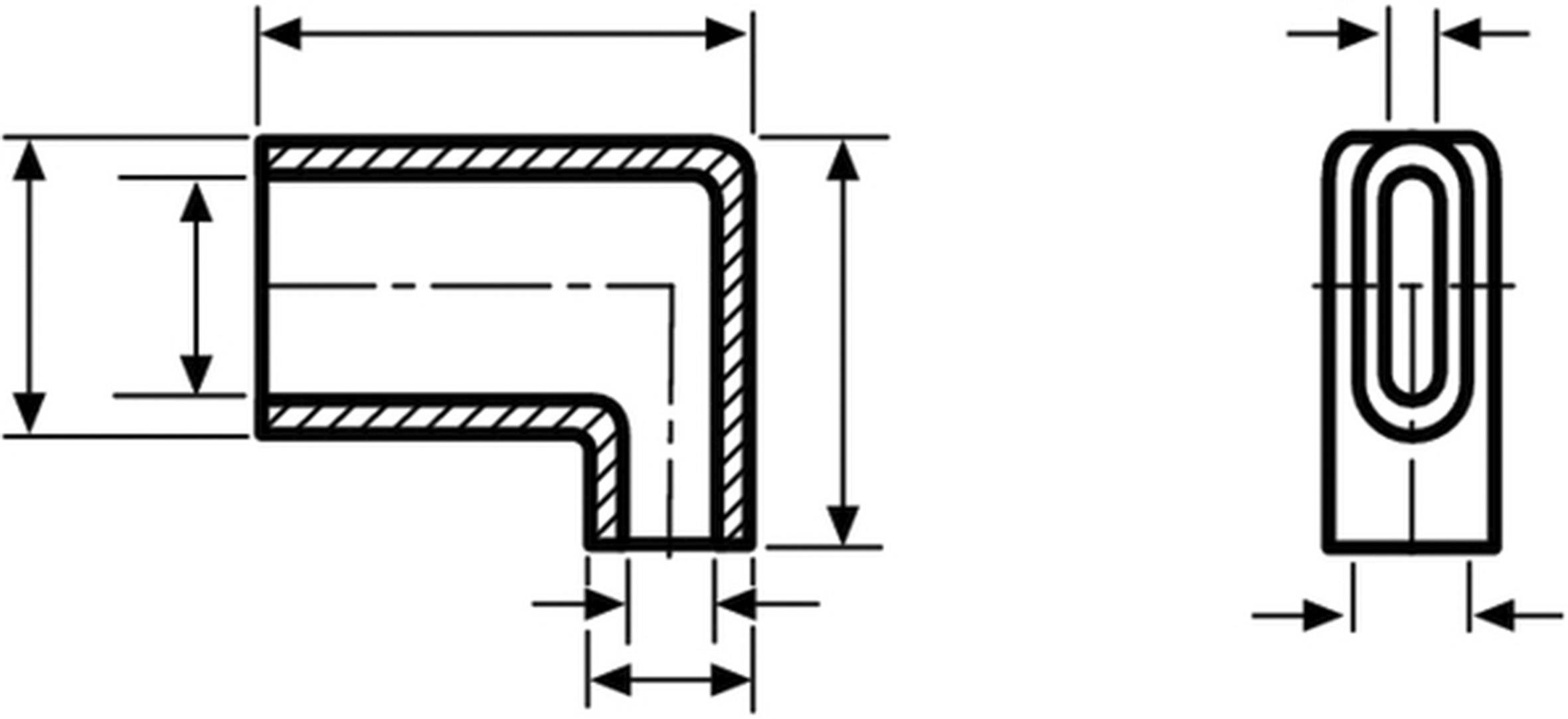 Technical drawing with two views of an angle profile, with dimensioning lines for height, width, and thickness.