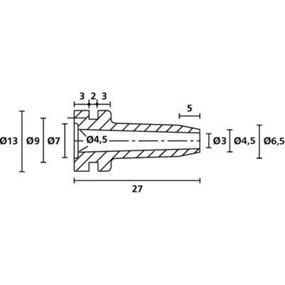 Technical drawing of a component. Dimensions: Length 27, diameter from 6.5 to 13, core diameter 4.5. Detailed cross-section view.