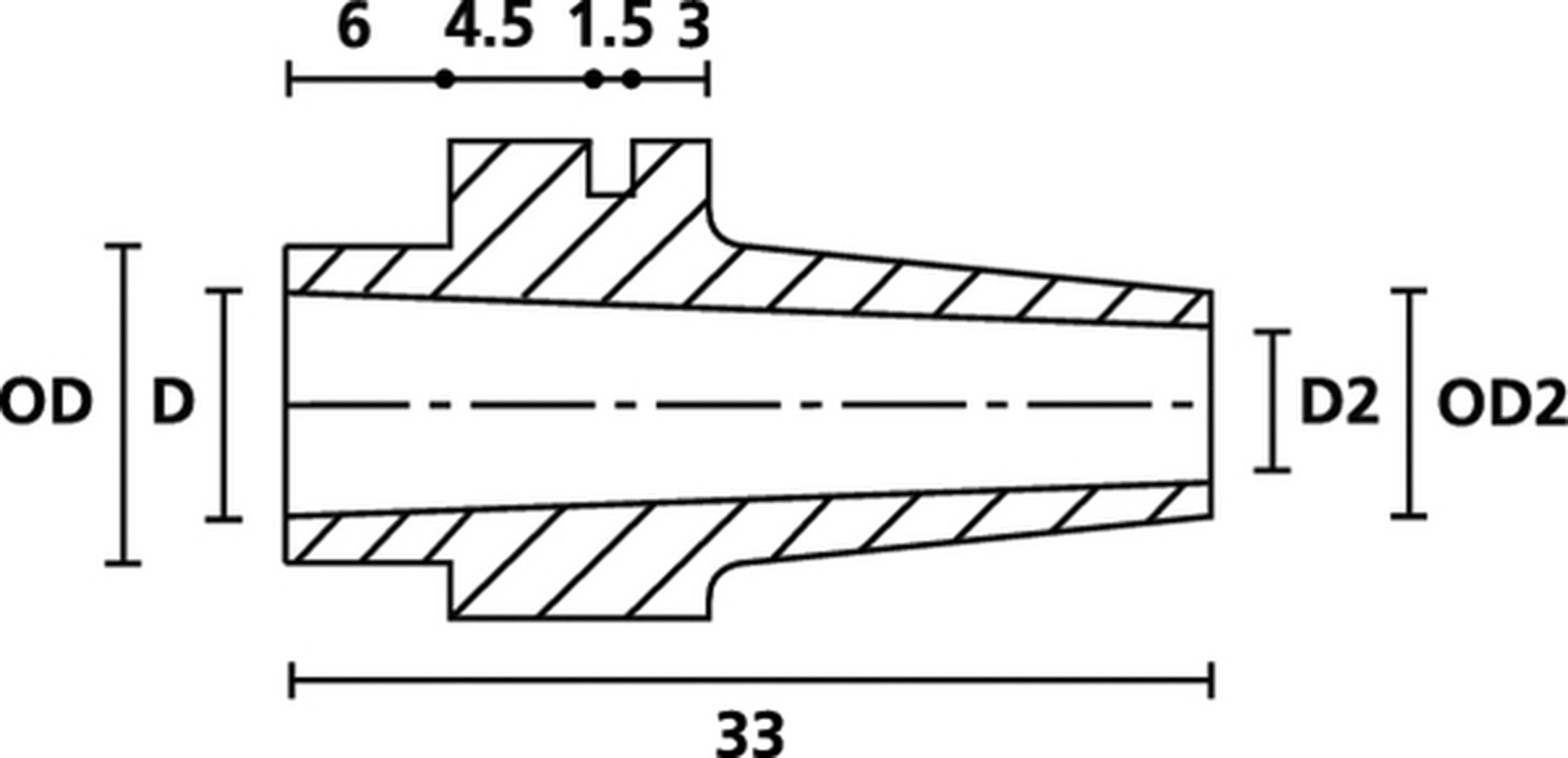 Technical drawing of a conical component with dimensions. Important: Total length 33, diameter OD and D2, detailed dimensions 6, 4.5, 1.5, 3.
